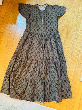 Oliphant‎ Womens Tiered Maxi Dress Sz M Stripe Geometric Flutter Sleeve